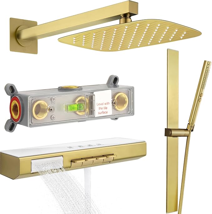 Brushed Gold 12" Rainfall Shower System by Tomfaucet