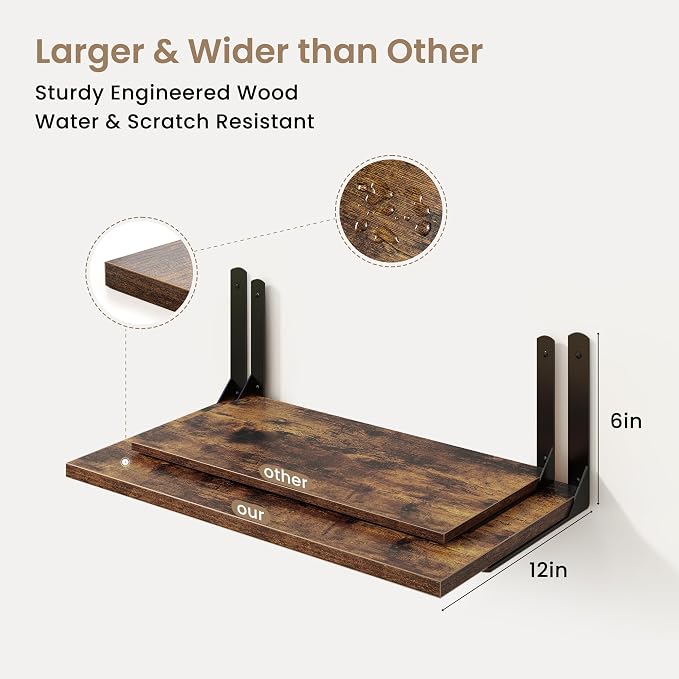 Floating Shelves for Wall, 12 Inch Deep Floating Shelves Set of 2, Wall Mounted - Image 3
