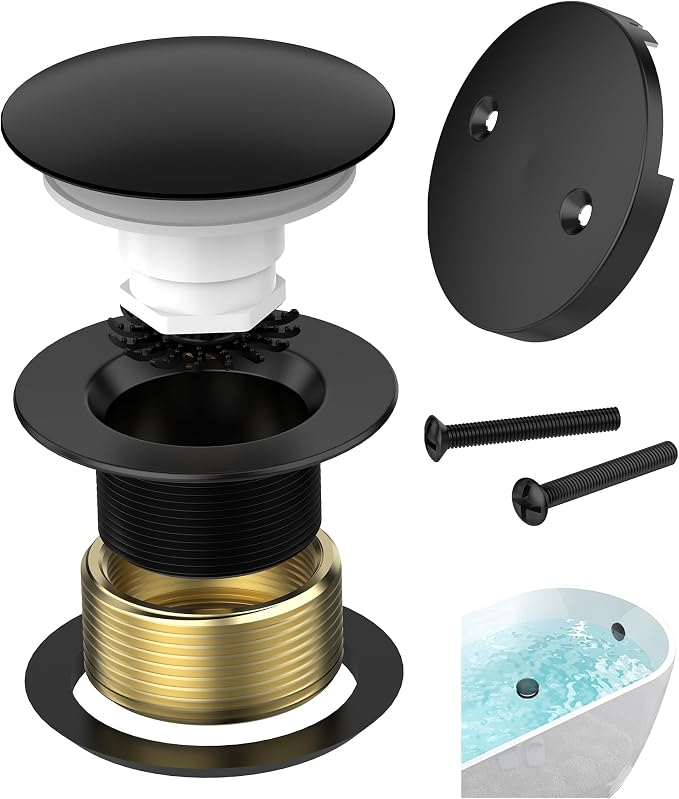 Matte Black Tub Drain Kit with Hair Catcher, Premium Brass Mushroom Tip-Toe by AllProducts
