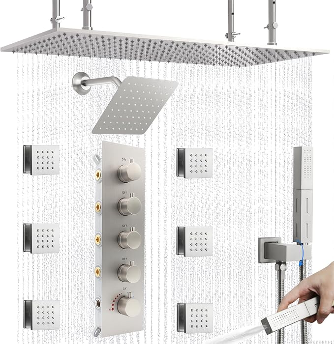Dual Shower Heads System 16"x32" Ceiling Mount Rainfall and 6" Wall Mounted by NPYSVSSS