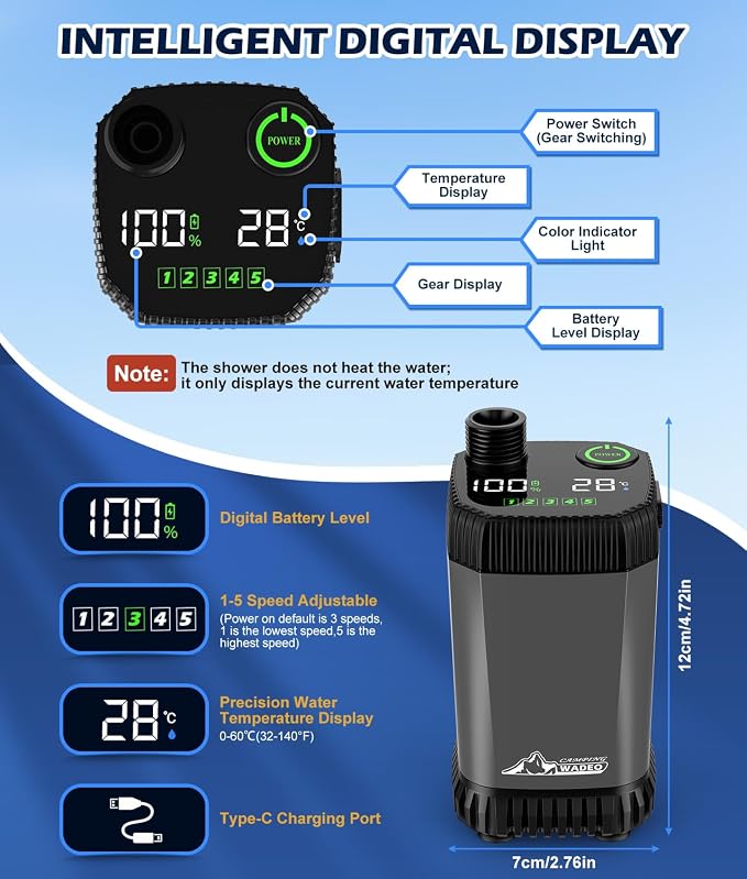 Upgraded Portable Shower for Camping, Rechargeable Camping Shower - Image 5
