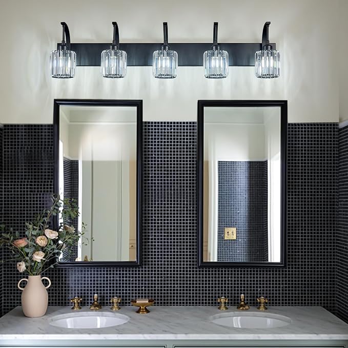 5-Light Crystal Vanity Light, Modern Black Bathroom Wall Sconce - Image 3
