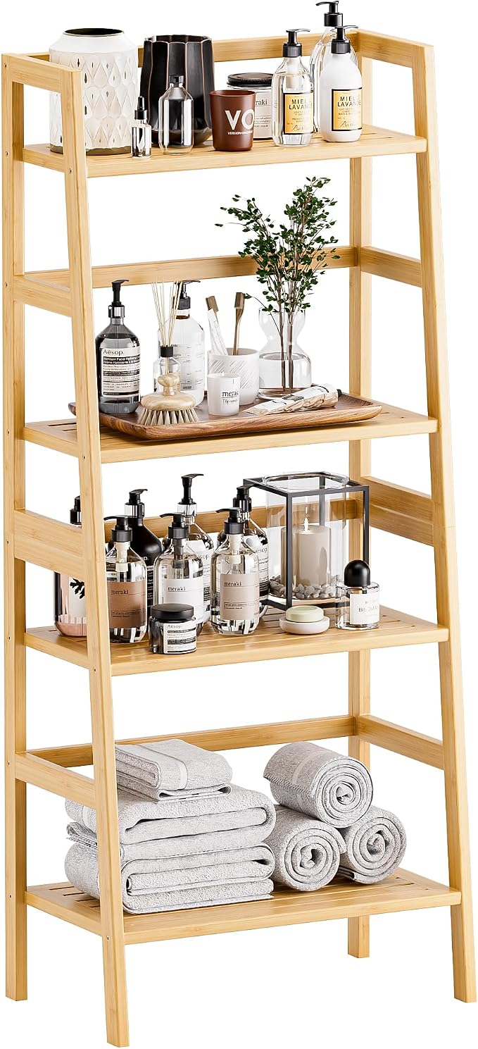 HITNET Ladder Shelf, 4-Tier Bookshelf, Bamboo Leaning Bookcase, Display Storage by HITNET