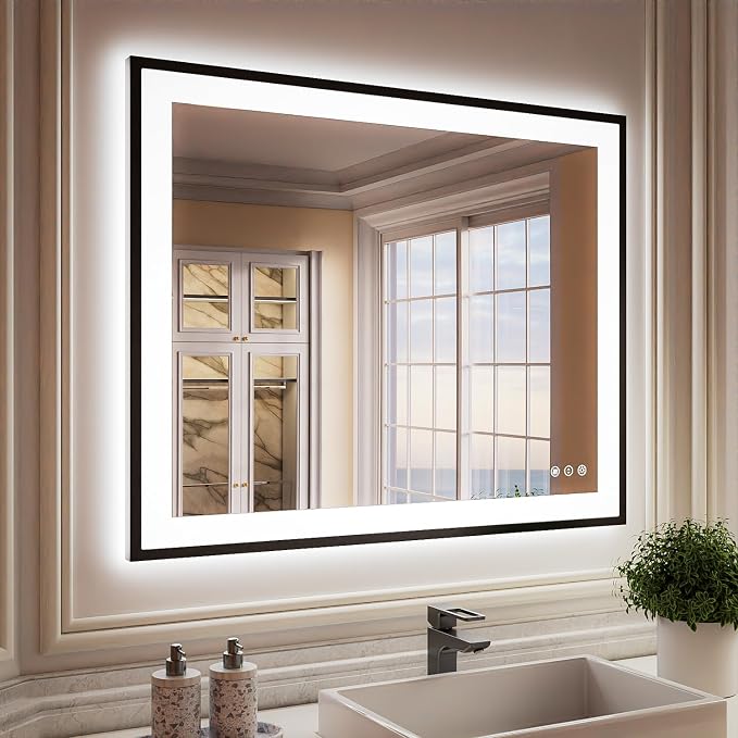 ISKM Framed LED Mirror for Bathroom 40"x32", Dimmable LED Bathroom Mirror by ISKM-IStillKeepMovin