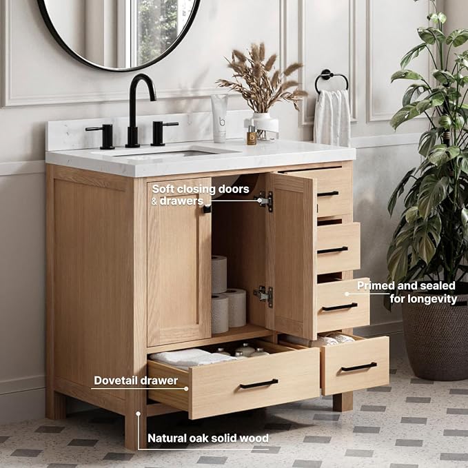 ARIEL Cambridge 36 Inch Oak Bathroom Vanity - Image 5