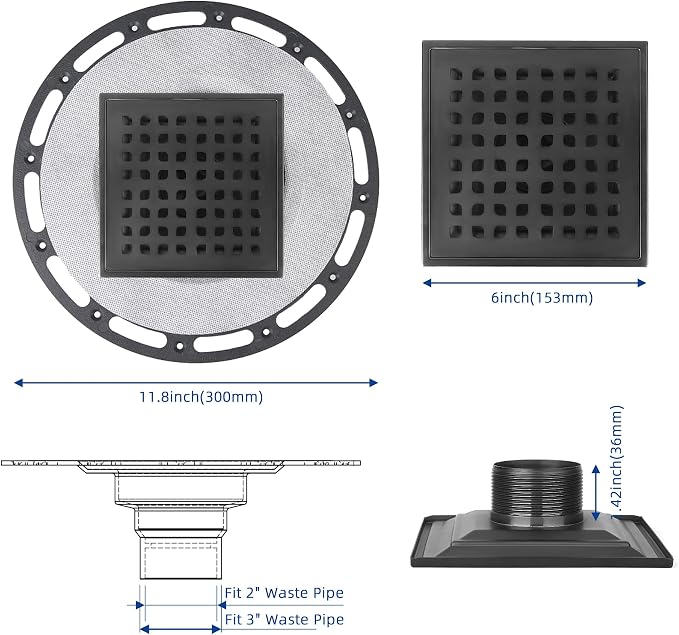 Square Shower Drain, 6-Inch Matte Black Kit - Image 2