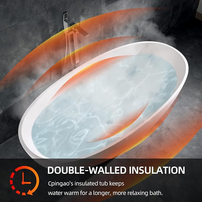 Cpingao 59" Freestanding Bathtub, Oval Shaped Stone Resin Freestanding Tubs - Image 4