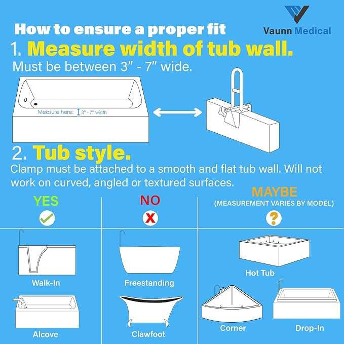 Vaunn Medical Adjustable Bathtub Safety Rail Shower Grab Bar Handle, Stainless - Image 2