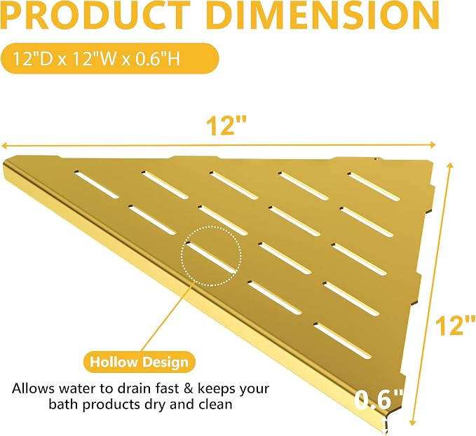 Neodrain 12 Inch Golden Corner Shower Shelves, Corner Shelf - Image 2