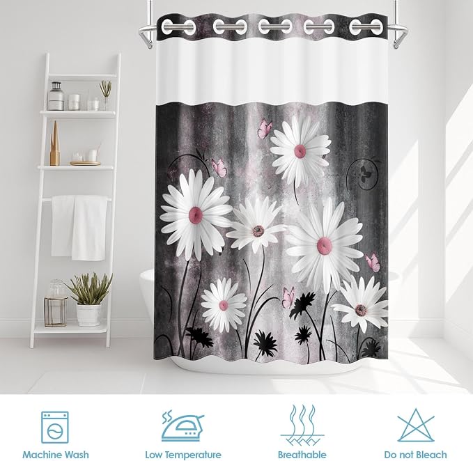 No Hook Pink White Daisy Butterfly Shower Curtain - Image 6
