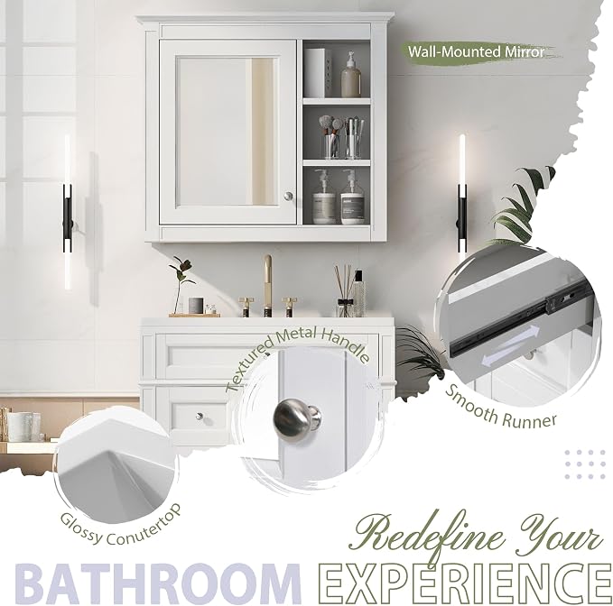 30" Bathroom Vanity with Matching Medicine Cabinet, Modern Sink Storage Cabinet - Image 6