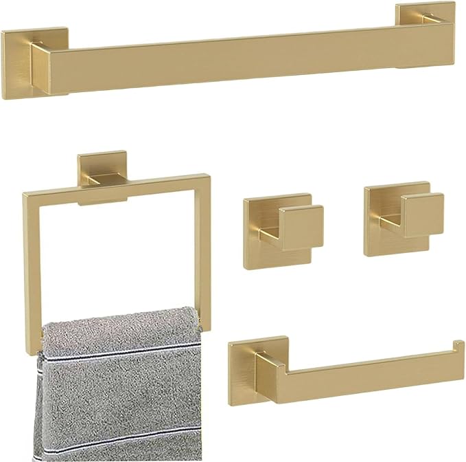 Bathroom Accessory Towel Bar Set: 5 Pieces Gold Bathroom Hardware Square SUS304 by PAHSFSLLC