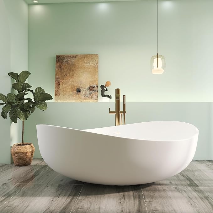 71" Premium Solid Surface Freestanding Bathtub, Unique Oval Stone Resin Tub by HIGEINE