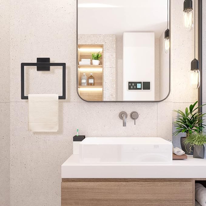 2-Piece Matte Black Square Towel Ring, Modern Hand Towel Holder - Image 2
