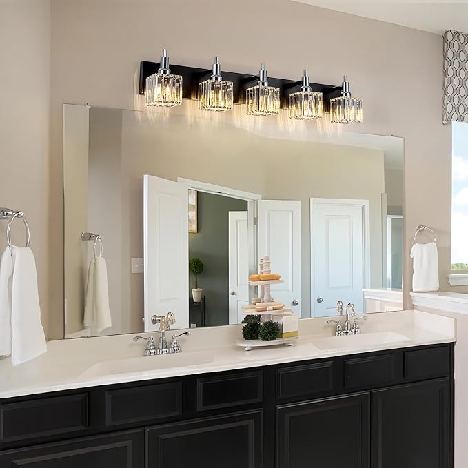 Black Chrome Bathroom Vanity Lights, 5 Lights Modern Crystal Bathroom Lighting - Image 5