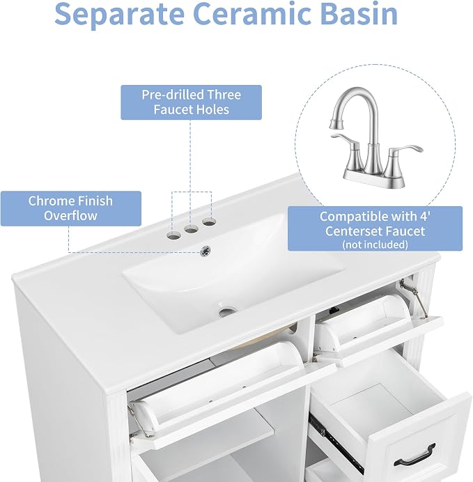 36 in Bathroom Vanity with Sink, Drawers and Flip-Out Drawers, Modern Solid - Image 7