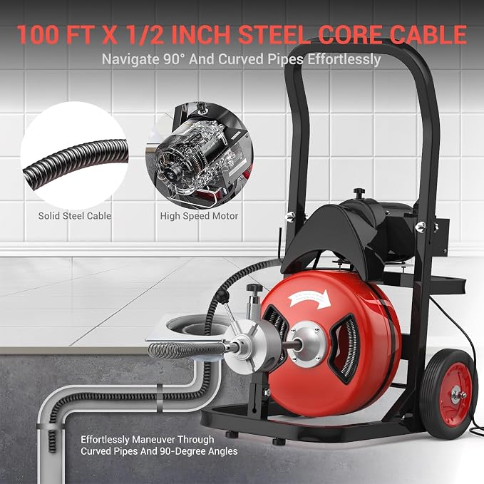 100Ft 1/2 Inch Cable Drain Cleaning Machine, 450W Auto Feed Portable Electric - Image 5
