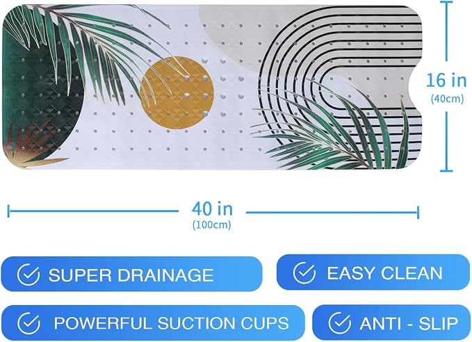 Bathtub Mat Non Slip Boho 40x16in Palm Leaves Extra Long Bohemia Bath Mat - Image 7