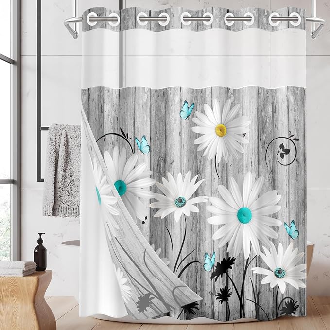 No Hook Flower Daisy Shower Curtain by Nesphy