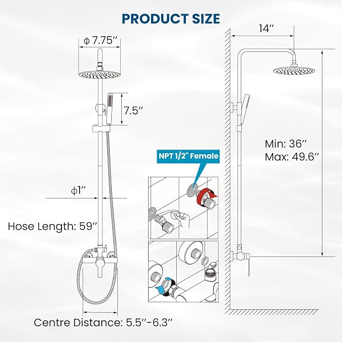 gotonovo Outdoor Shower Fixtures SUS304 Stainless Steel Rain Shower Kit Faucet - Image 8