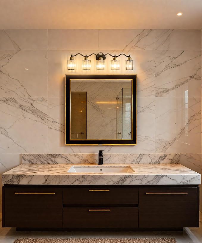 5 Light Vanity Light, Modern Black and Gold Crystal Bathroom Vanity Lighting - Image 7
