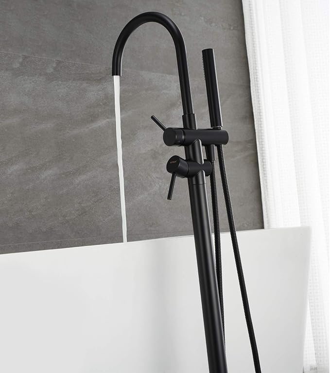 Freestanding Tub Filler Bathtub Faucet Black Floor Mount Brass Bathroom Faucets - Image 7