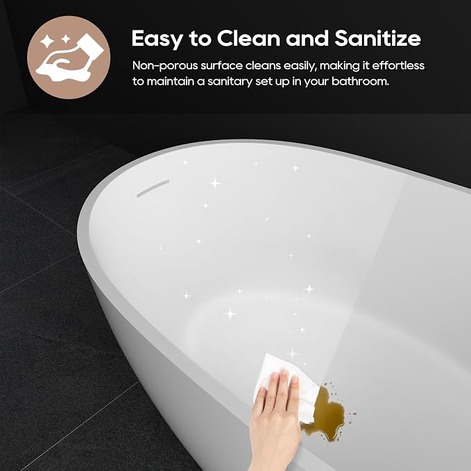 SJ STAR&JANE 51" Solid Surface Freestanding Bathtub, Stone Resin Oval Soaking - Image 5