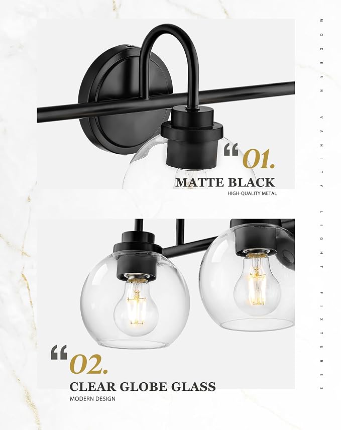 Bathroom Light Fixtures, 3-Light Matte Black Vanity Lights - Image 3