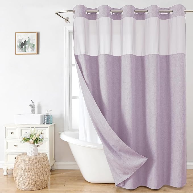 Extra Long No Hooks Needed Linen Textured Shower Curtain by EACHOPE