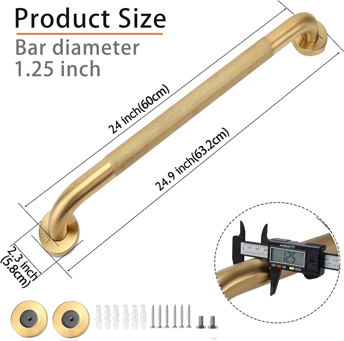 Shower Grab Bar, 2 Pack 24 Inch Gold Bathroom Grab Bar, 1.25" Diameter 304 - Image 2