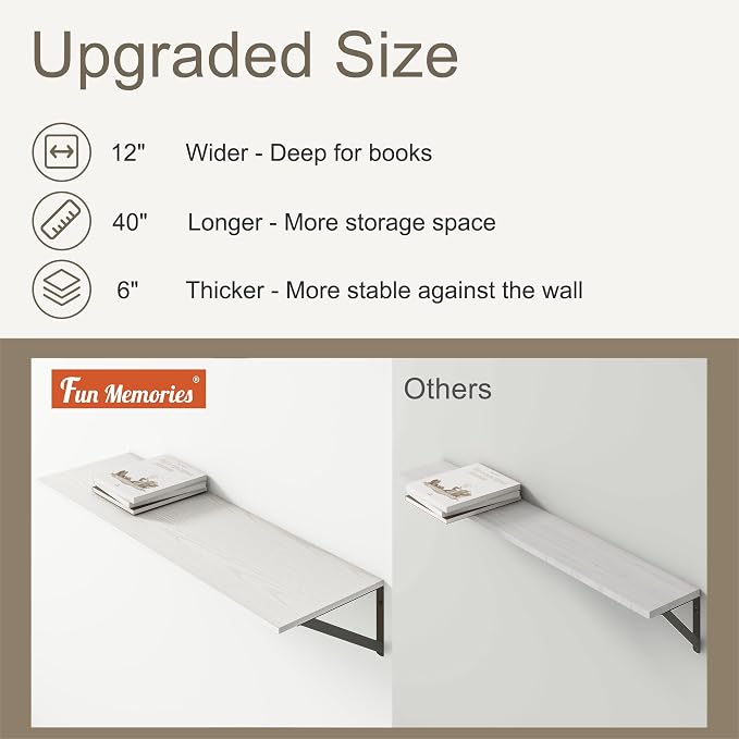 Fun Memories 40 Inch Floating Shelves, 12 Inch Deep Wall Shelf, 40 x 12 - Image 4