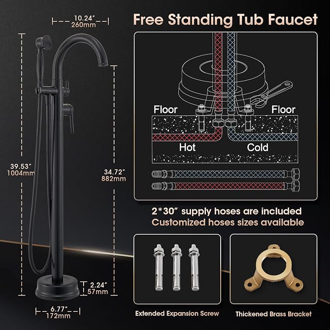 Freestanding Bathtub Faucet Matte Black Floor Mount Tub Faucets High Flow Max - Image 8