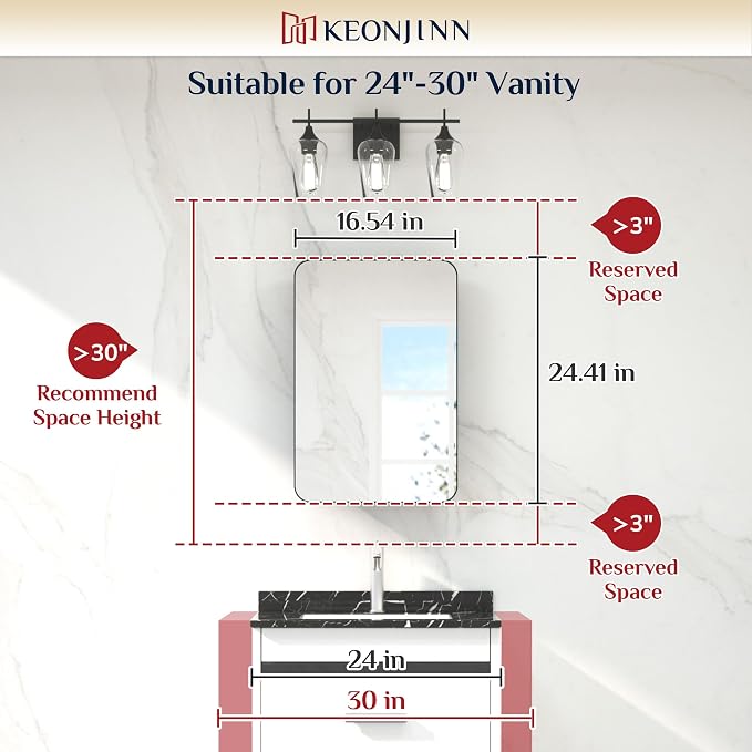 Keonjinn Black Medicine Cabinet 17 x 25 Inch, Heavy & Solid Bathroom Medicine - Image 3