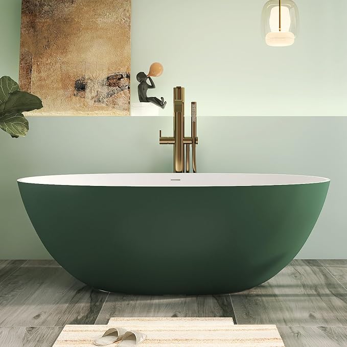 65" Premium Solid Surface Freestanding Bathtub, Upgraded Inside White and by HIGEINE