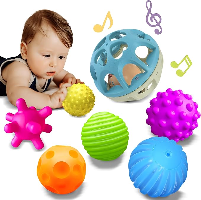 Sensory Toys for Babies, Montessori Textured Baby Balls and Wheat Straw Rattle by ROHSCE