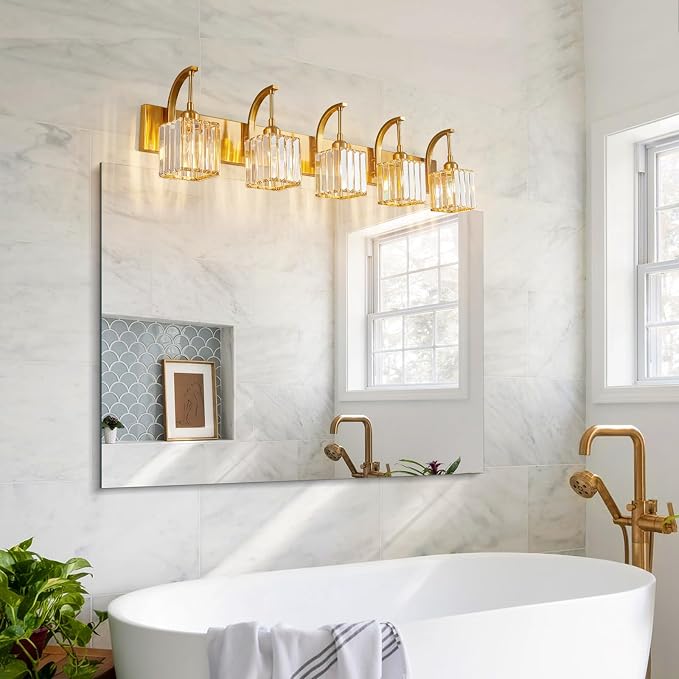 5-Light Crystal Vanity Light, Modern Gold Bathroom Wall Sconce - Image 7
