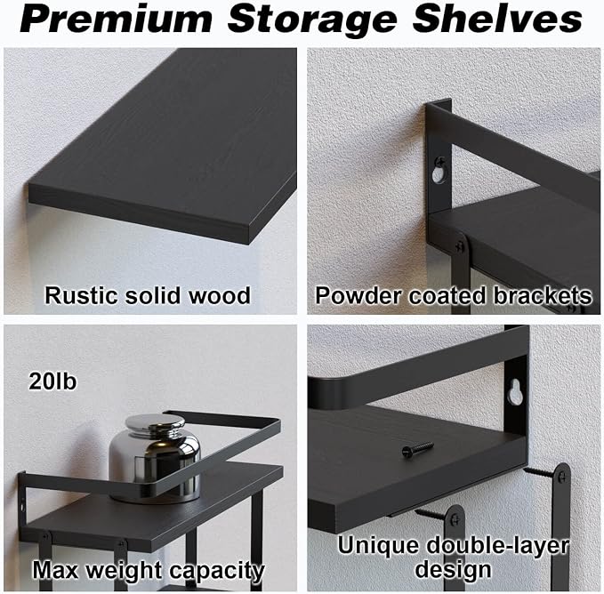 RICHER HOUSE 2+1 Tier Wall Mounted Floating Shelves Set of 2, Rustic Wood Wall - Image 3