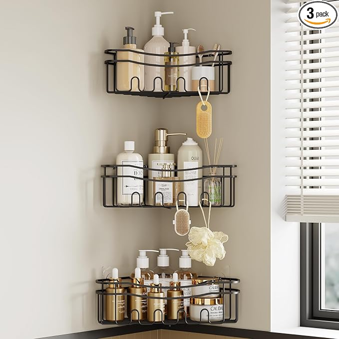 Black corner shower caddy with depth caddy and Built in 12 hooks rustproof wall by Unknown