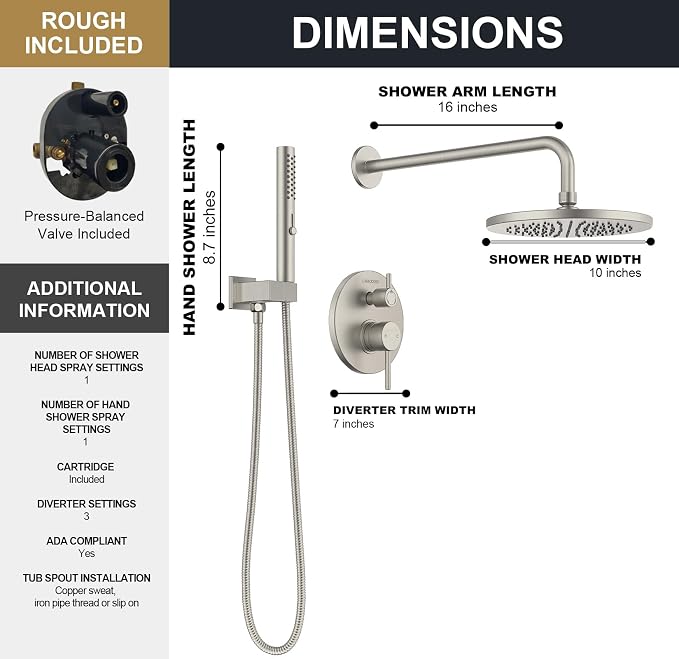 Lava Odoro Modern 2-Setting Round Rain Shower System, Brushed Nickel Rainfall - Image 7