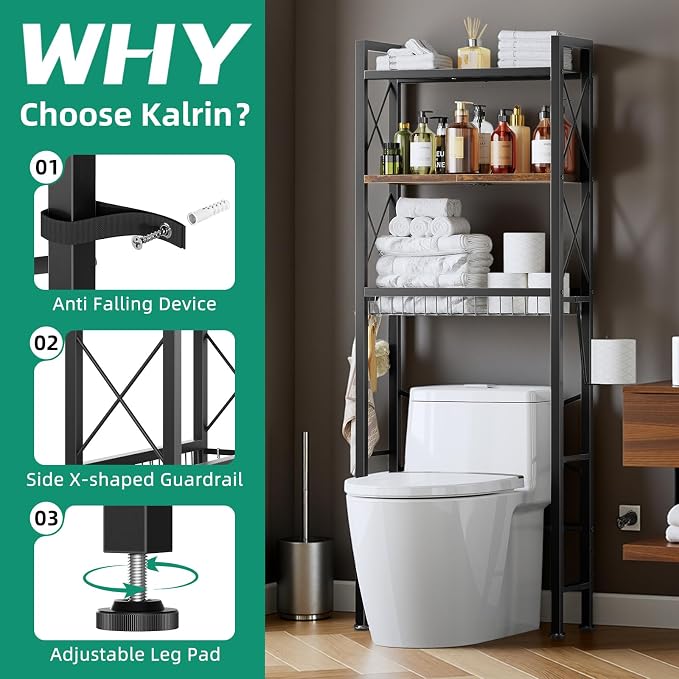 Over The Toilet Storage with X Shape Side Guardrail, 3-Tier Over Toilet Storage - Image 4