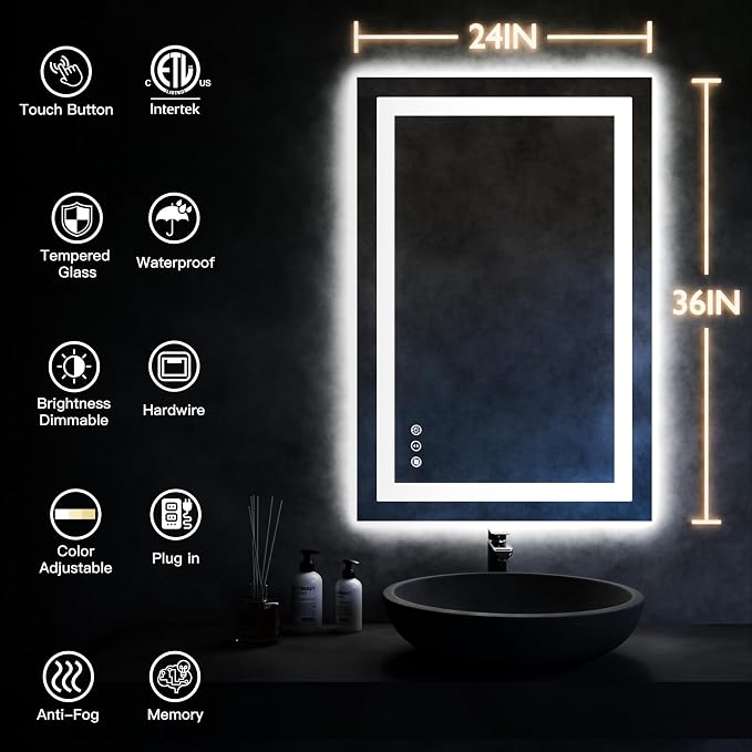 ISKM 36'' x 24'' LED Mirror for Bathroom Lighted Vanity Mirror for Wall Front - Image 7