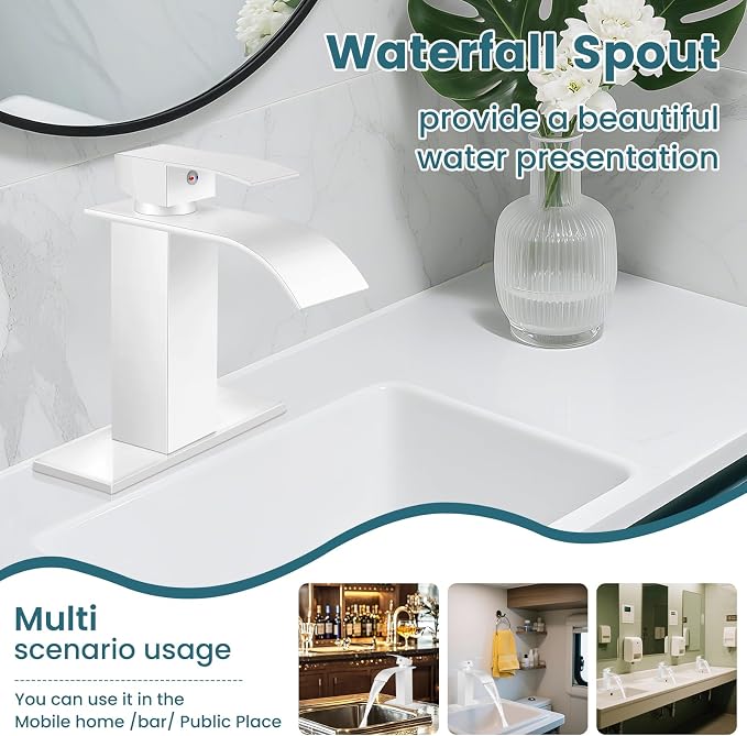 Bathroom Faucets White Waterfall Bathroom Sink Faucet Modern Single Handle - Image 5