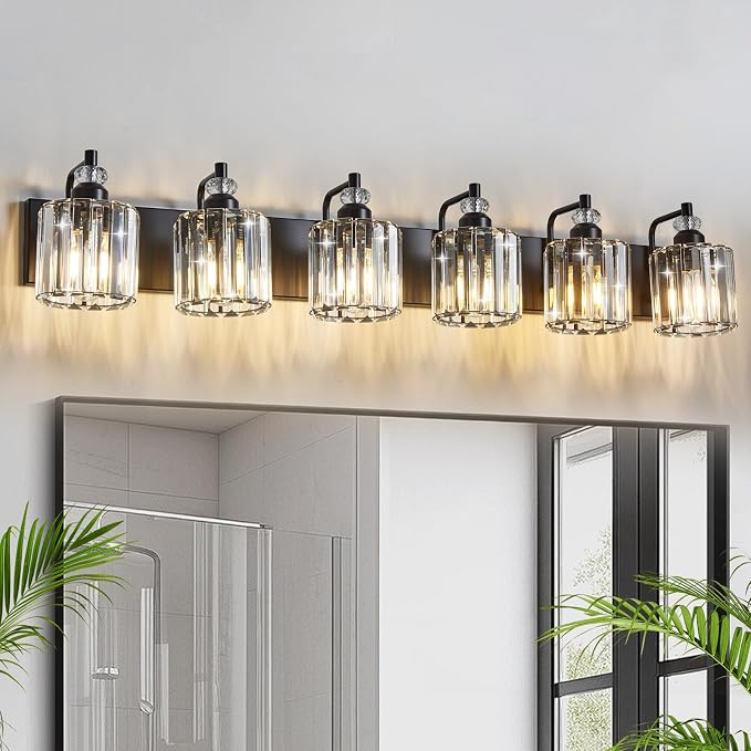 6-Light Black Bathroom Light Fixtures Over Mirror Modern Vanity Lights Crystal by Zqoyn