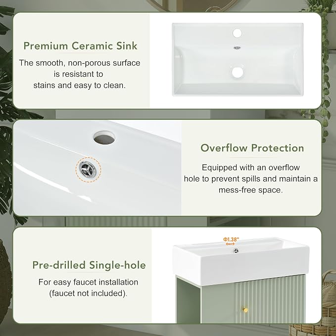 Merax 20" Green Bathroom Vanity, Wall Mounted Floating Vanity - Image 4
