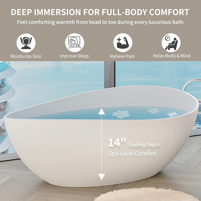 Abruzzo 63" Matte White Freestanding Solid Surface Bathtub - Image 9