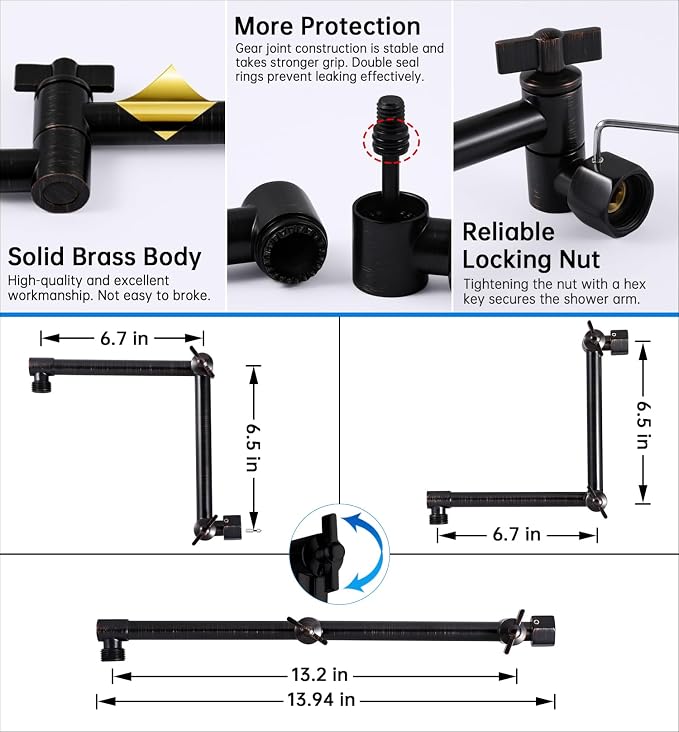 G-Promise 13 Inch Shower Head Extension Arm, Solid Brass Height & Angle - Image 2