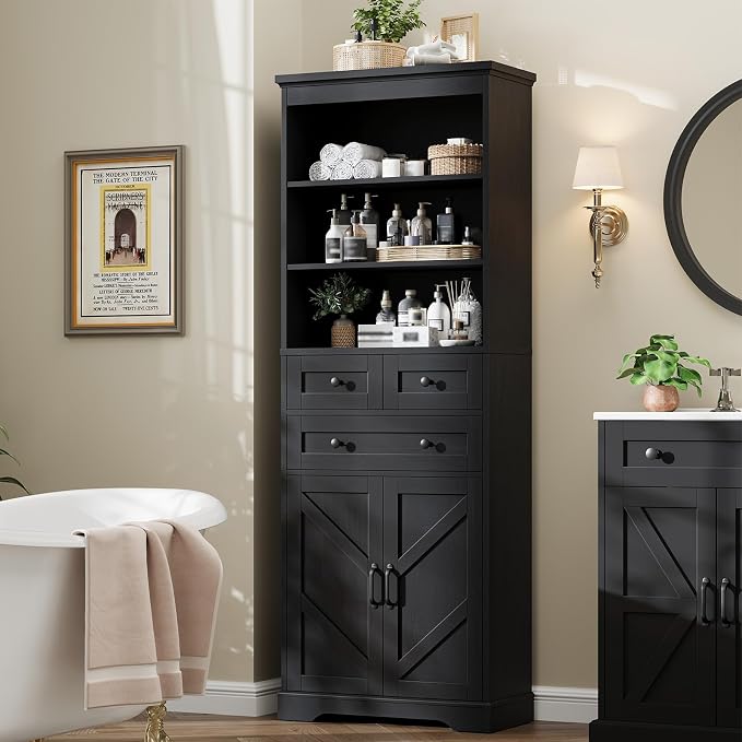 Vabches Farmhouse Bathroom Cabinet, Adjustable Shelves & Doors, 3 Tier Wood by Vabches