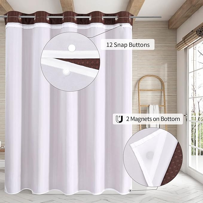 MitoVilla Brown Waffle Long Shower Curtain Liner Set 72 x 80, No Hooks Needed - Image 2