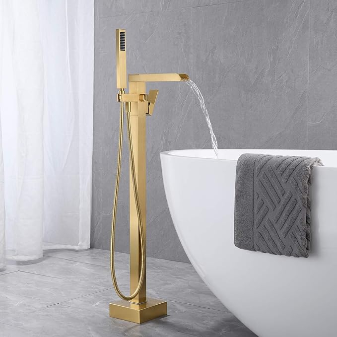 Freestanding Bathtub Faucet Brushed Gold Waterfall Tub Filler Floor Mount Brass - Image 3