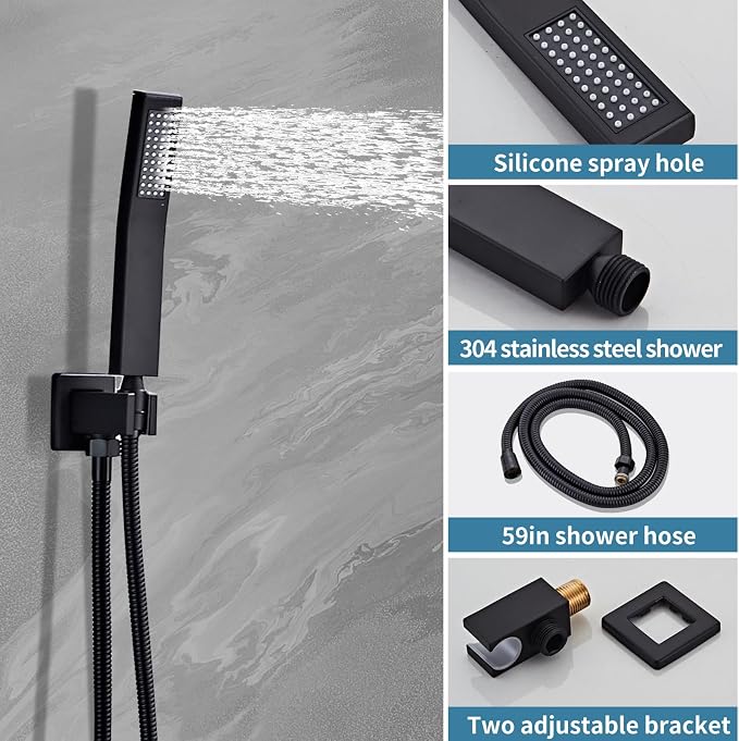 10" Matte Black Shower Faucet Set – Square Rainfall Showerhead + Handheld & - Image 4